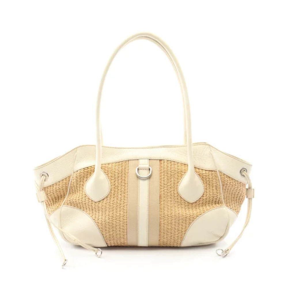 Prada Tote Bag Leather Raffia Beige Cream White